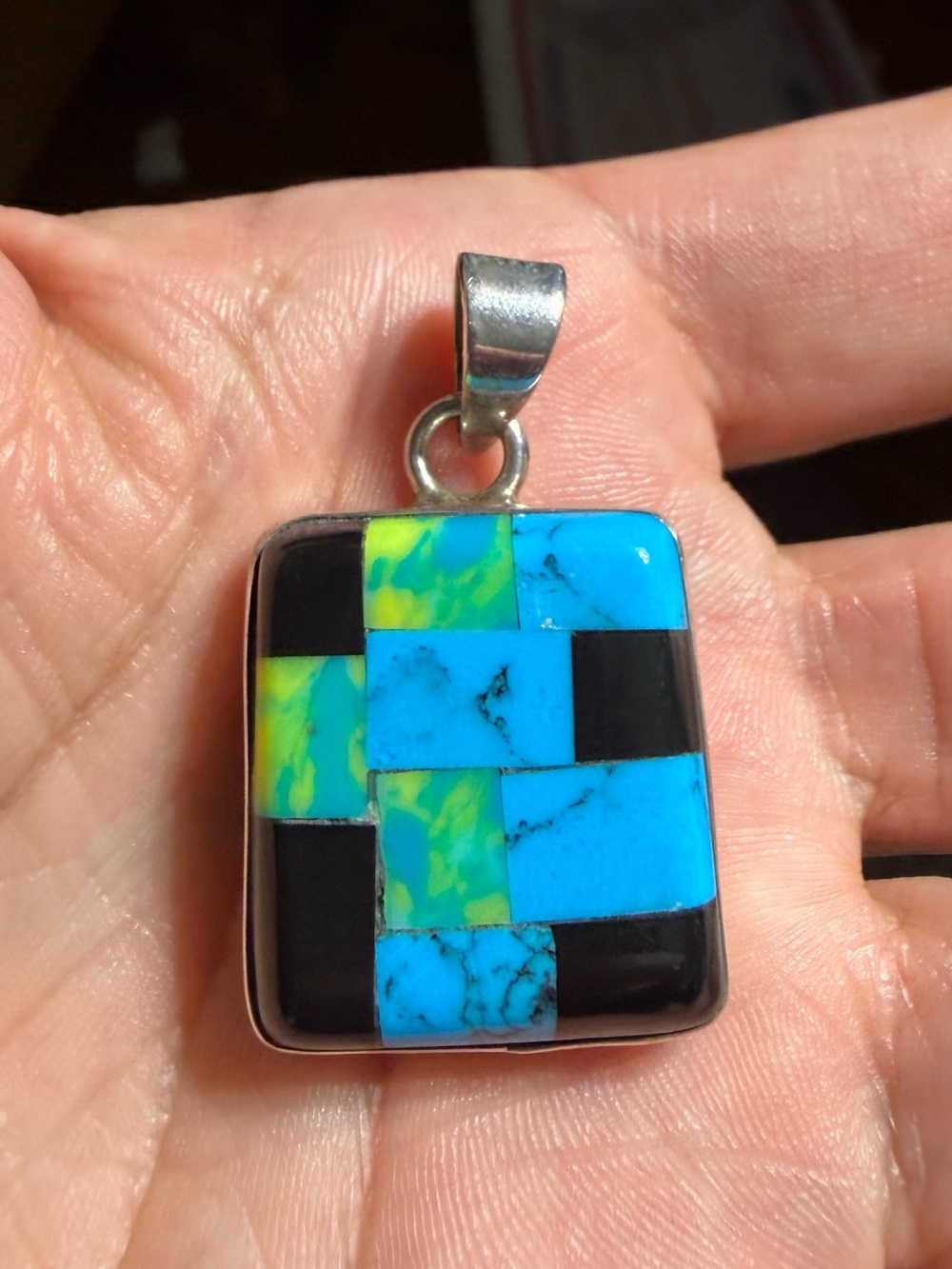 Vintage 925 Sterling Silver Turquoise Black Inlay Checkerboard Pendant